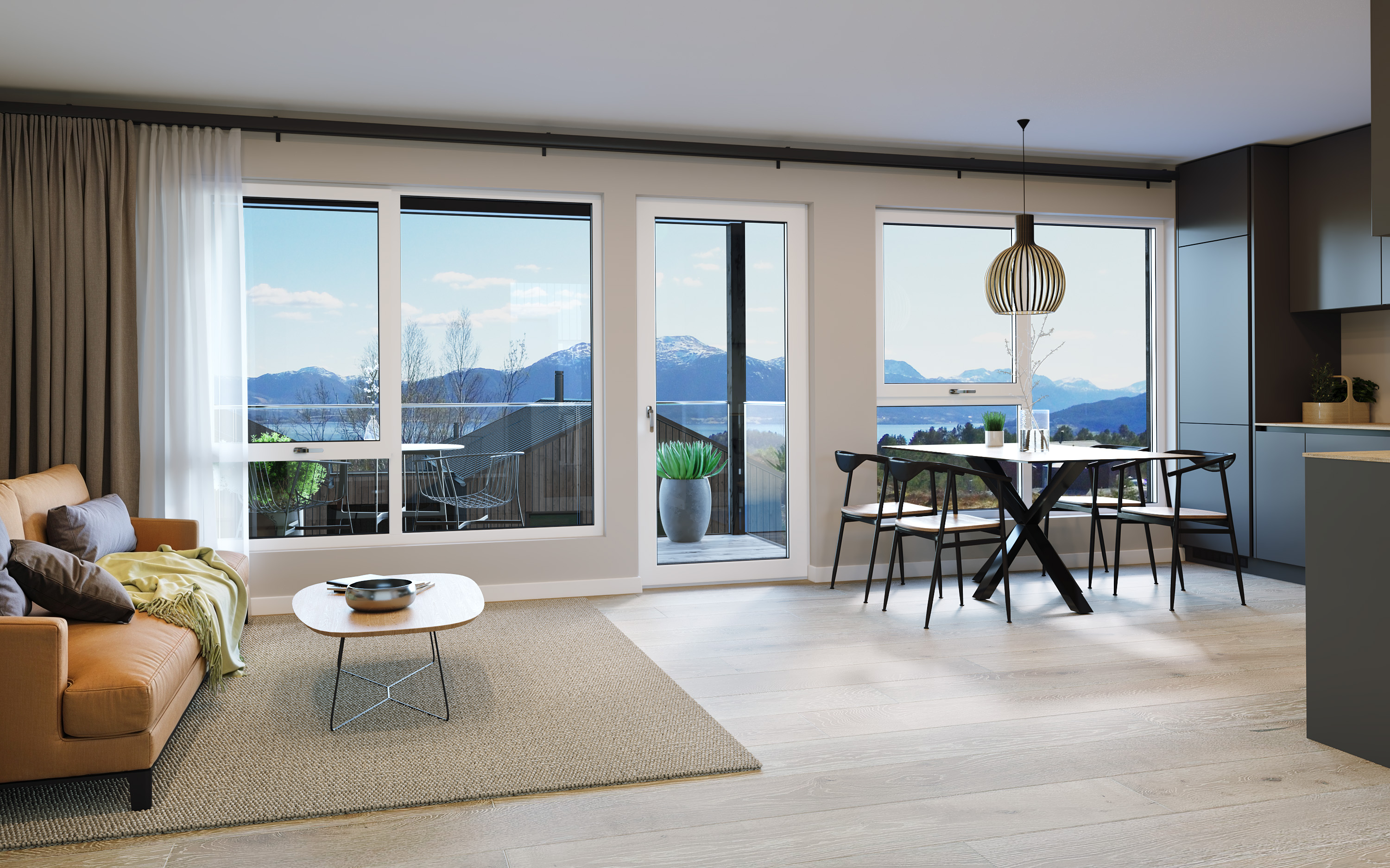 Lyst rom med fjordutsikt